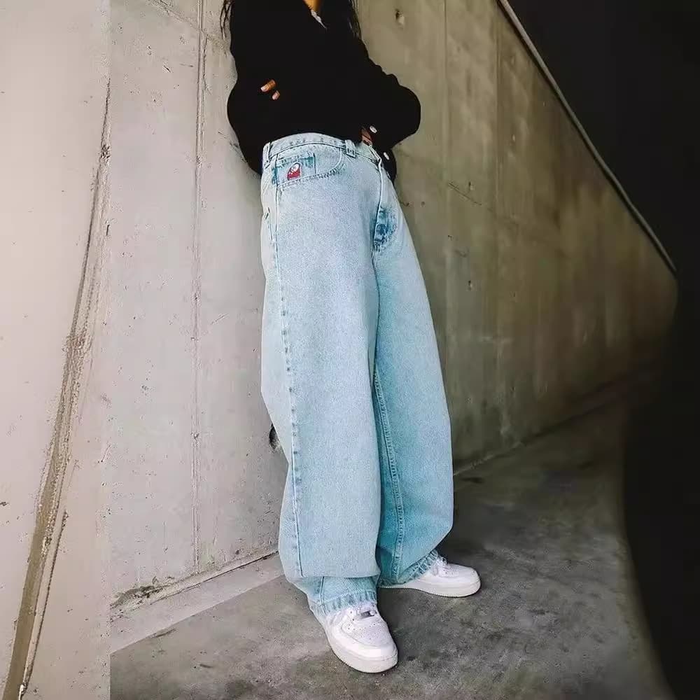 Популярные в этом году джинсы JNCO в стиле Y2K, повседневные, в стиле хип-хоп, синие, свободного кроя, оптом от производителя.