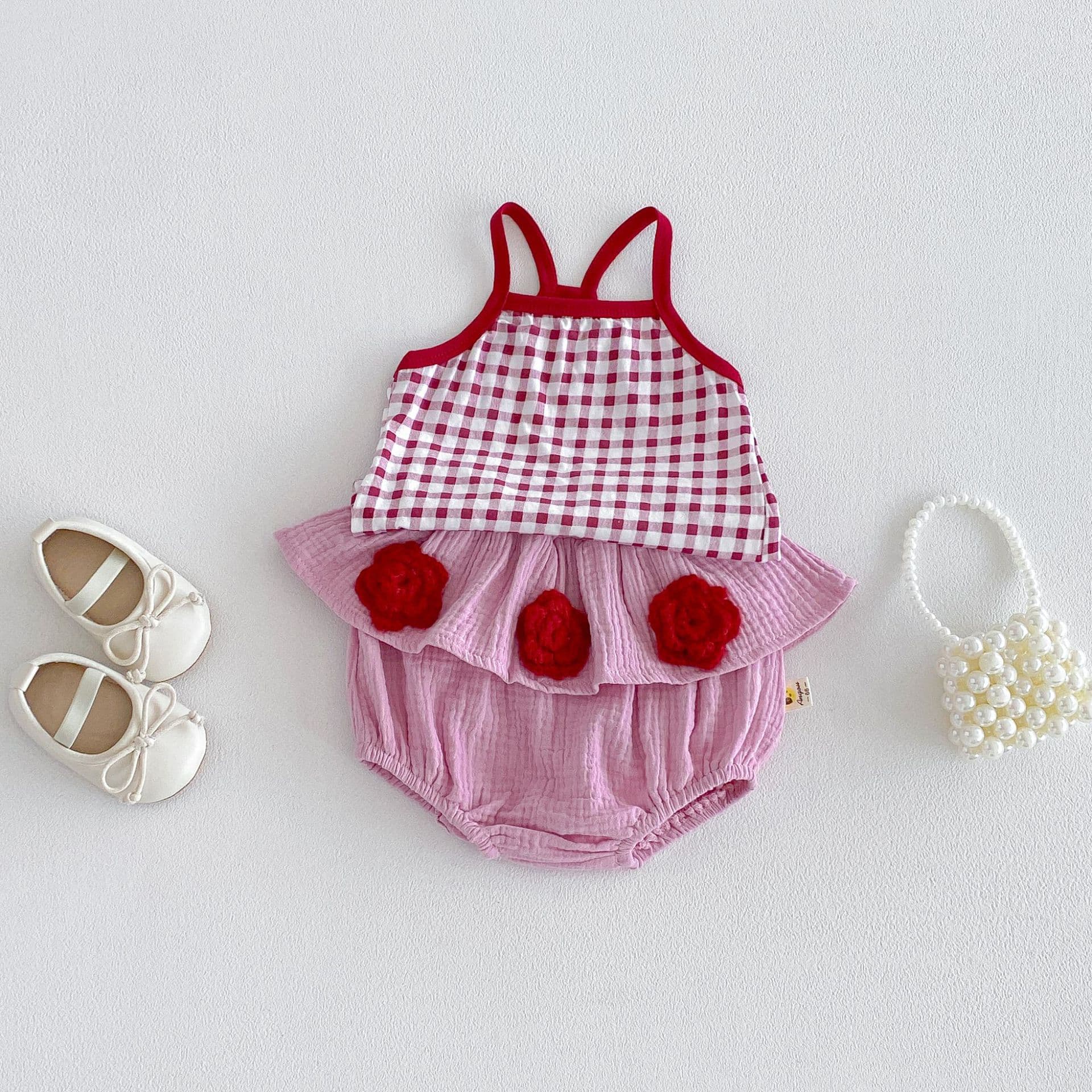 Hanxia Baby Net Red клетчатая жилет ретро подтяжка топ для девочек футболка цветочные брюки набор из двух частей