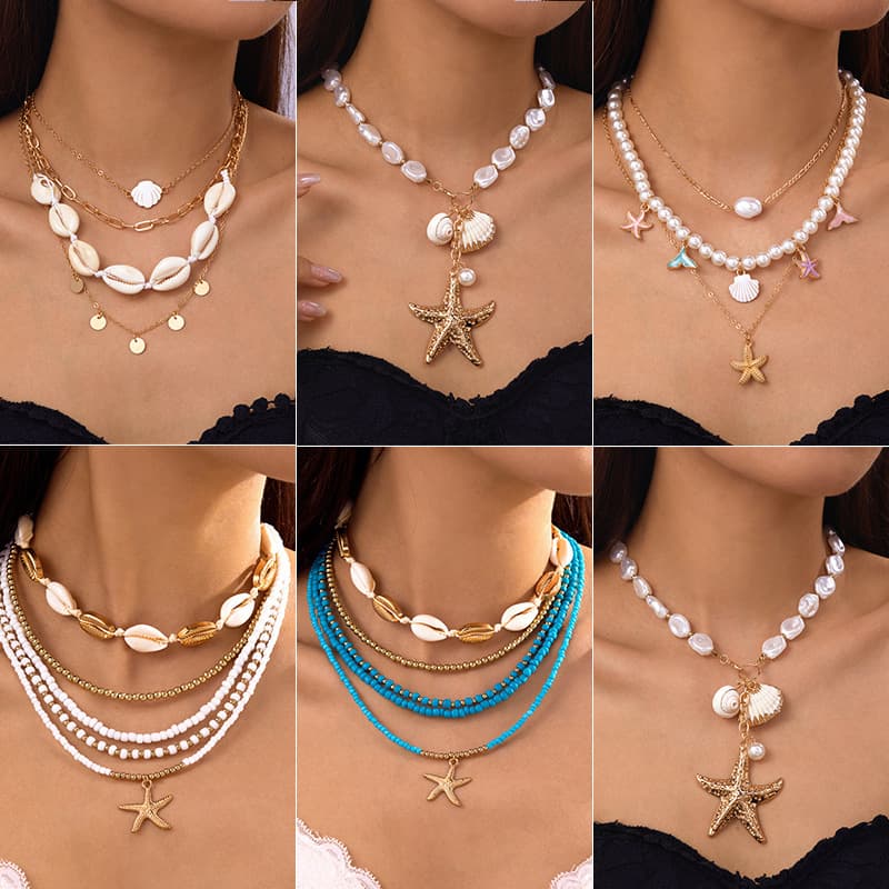 Европейское и американское летнее ожерелье для отпуска на море с морскими звездами, ракушками, перлами, многослойное, эффектное, многослойное ожерелье из жемчуга.