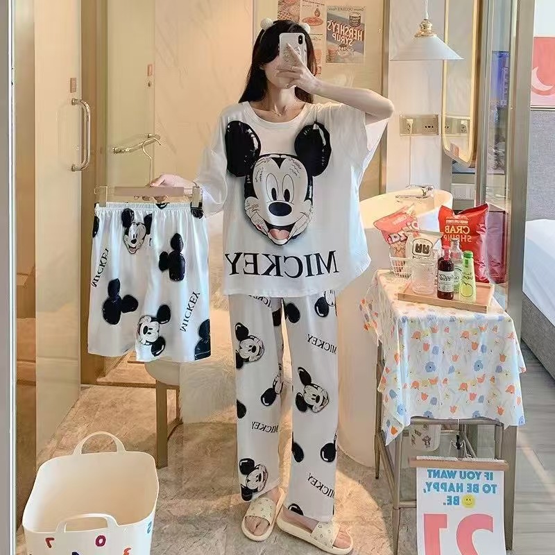 pajamas跨境夏 睡衣女牛奶丝三件套卡通外贸家居服短袖长裤可爱款 оптом из Китая