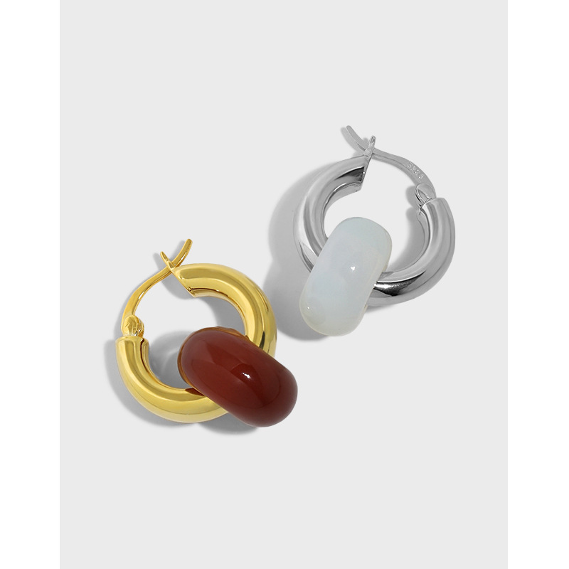 Серьги-кольца из серебра S925 с нефритовой текстурой оптом из Китая